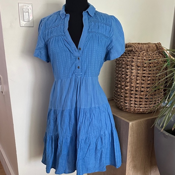 Anthropologie Blue Georgina Tiered Mini Dress Shirt Large - Picture 2 of 10